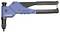 Hand riveter in blue and black with handle and rivet fastening. Brand name print 'Honsel' on the tool.