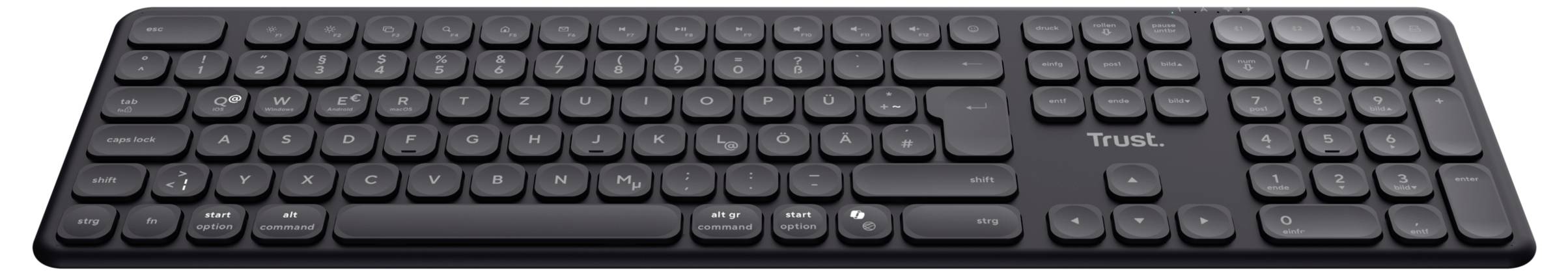 Black wireless computer keyboard by Trust with slim design and numeric keypad. Perfect for office applications.