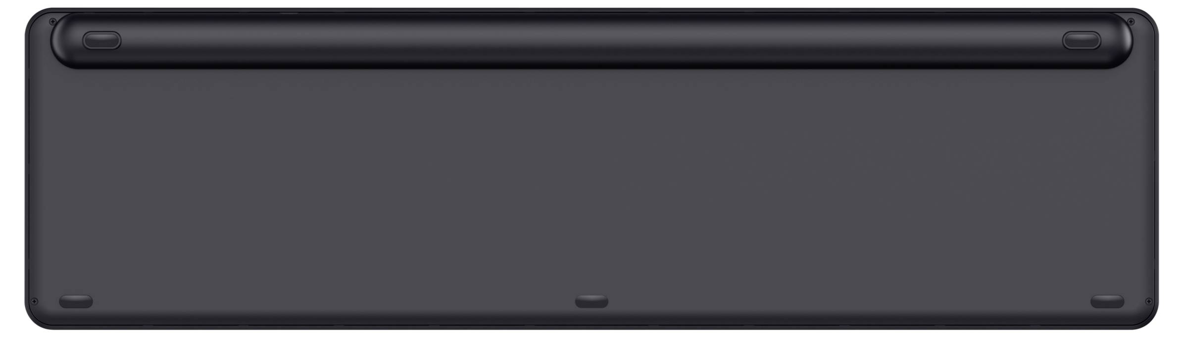 The back of a black, rectangular keyboard with a detachable cable connection on top.