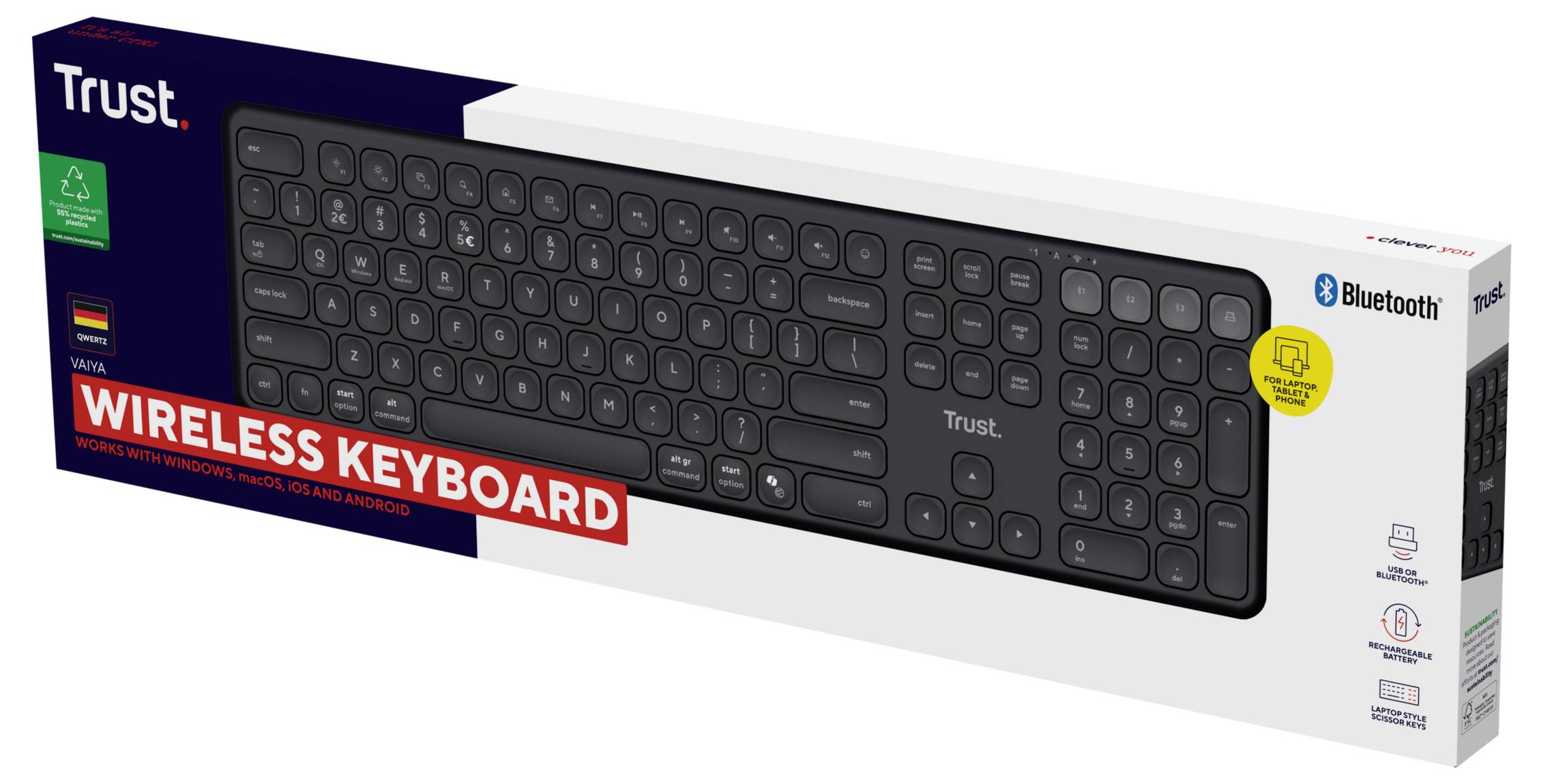 Top-down view of the packaging for a wireless Trust keyboard, compatible with Windows, macOS, iOS and Android, including Bluetooth.