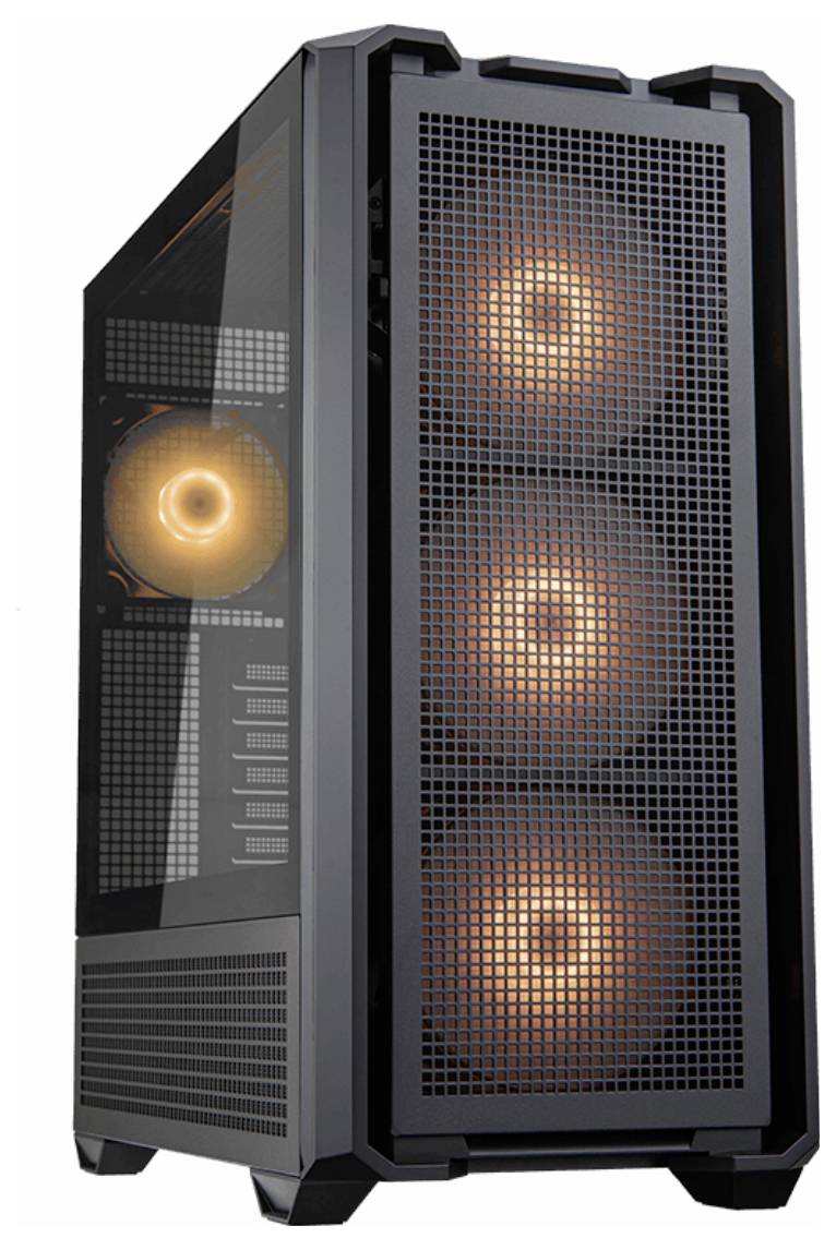 Black computer case with side glass panel and three illuminated fans on the front.