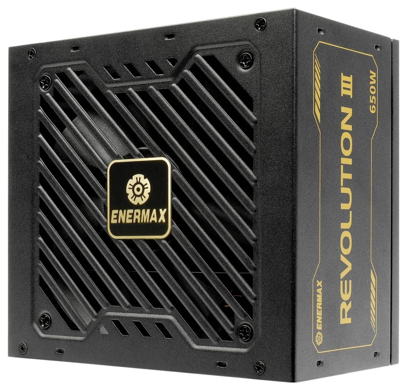 'ENERMAX Revolution III 650W' power supply unit with fan grille; designed for efficient power distribution in computers.