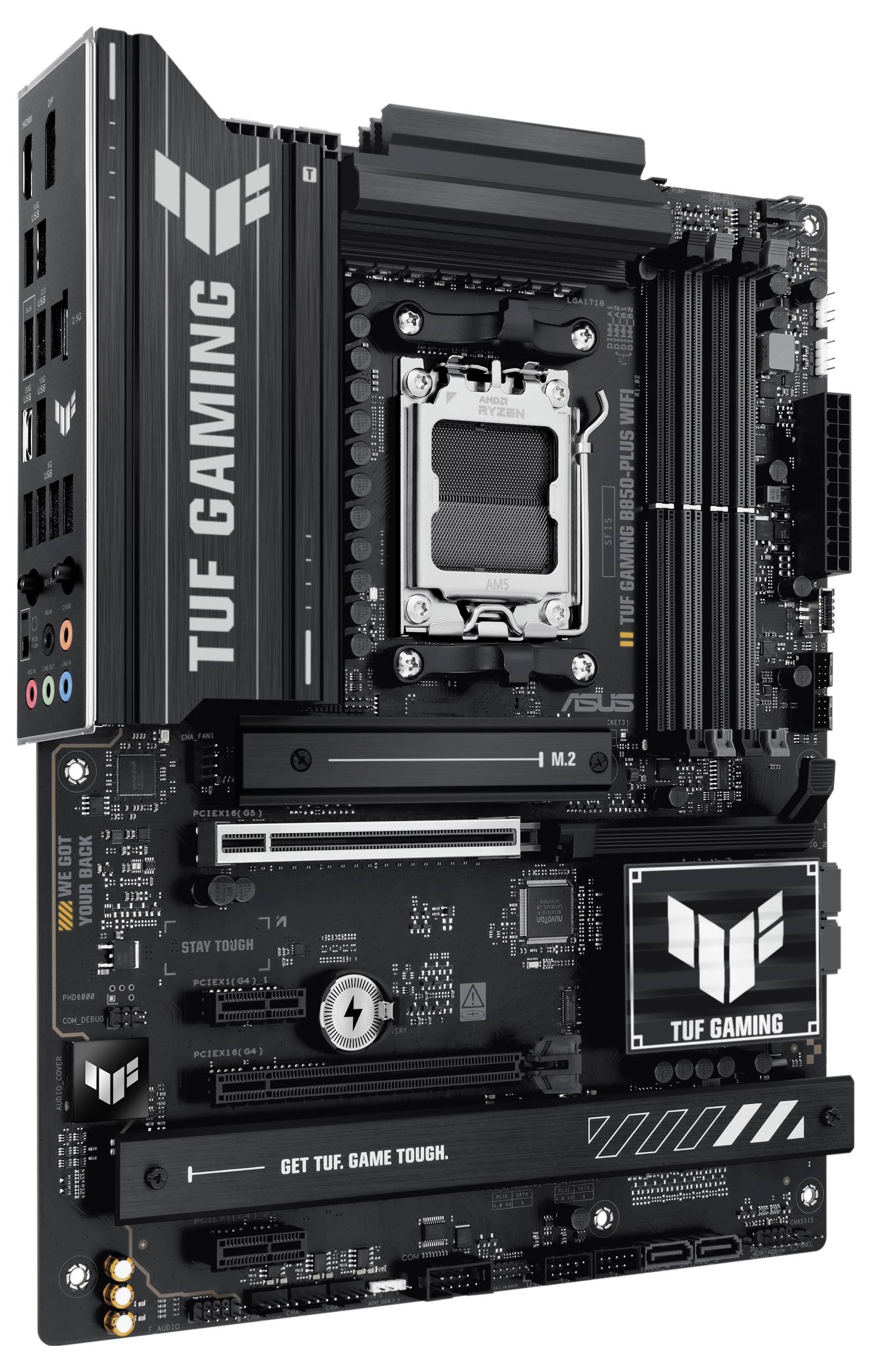 Black ASUS TUF Gaming motherboard with various connections and a distinctive cooling design. Text: 'TUF GAMING'.