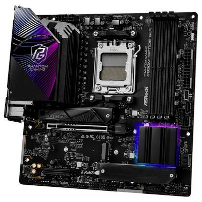 A black motherboard with multiple expansion slots, heat sinks, and a CPU seated in its socket. Brand logos and labels are visible.