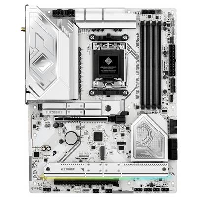 A white computer motherboard with multiple slots and chips, branded as 'B650 Steel Legend WiFi', featuring a modern design.