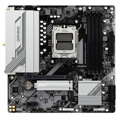 Motherboard for computer, AMD Socket AM5, designed by GIGABYTE, featuring connections for processor, RAM and peripheral devices.