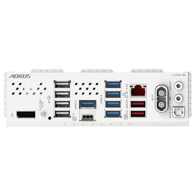 Rear view of a motherboard with multiple ports: DisplayPort, USB ports, Ethernet, audio output, and Wi-Fi antenna.