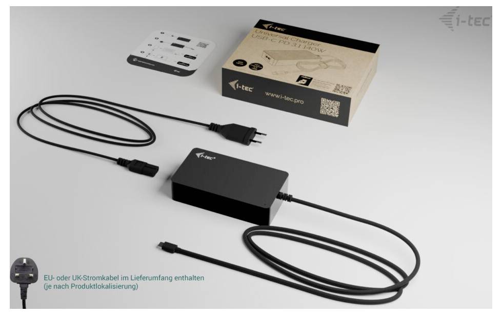 Laptop power adapter with cables and plug on a table next to packaging labelled 'USB-C CHARGER 112W'. Includes EU or UK plug option.