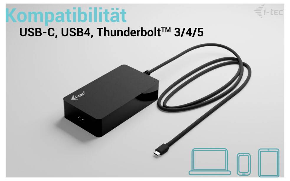 Black USB-C dock with cable, textually compatible with USB-C, USB4, Thunderbolt 3/4/5. Laptop and monitor symbols located bottom right.