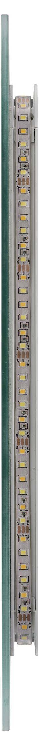 Close-up of a glass tube with coloured markings and a scale, presumably a measuring instrument, between two metal mounting brackets.
