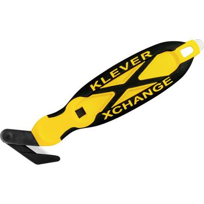 A yellow and black safety knife with 'Klever Xchange' written on the handle.
