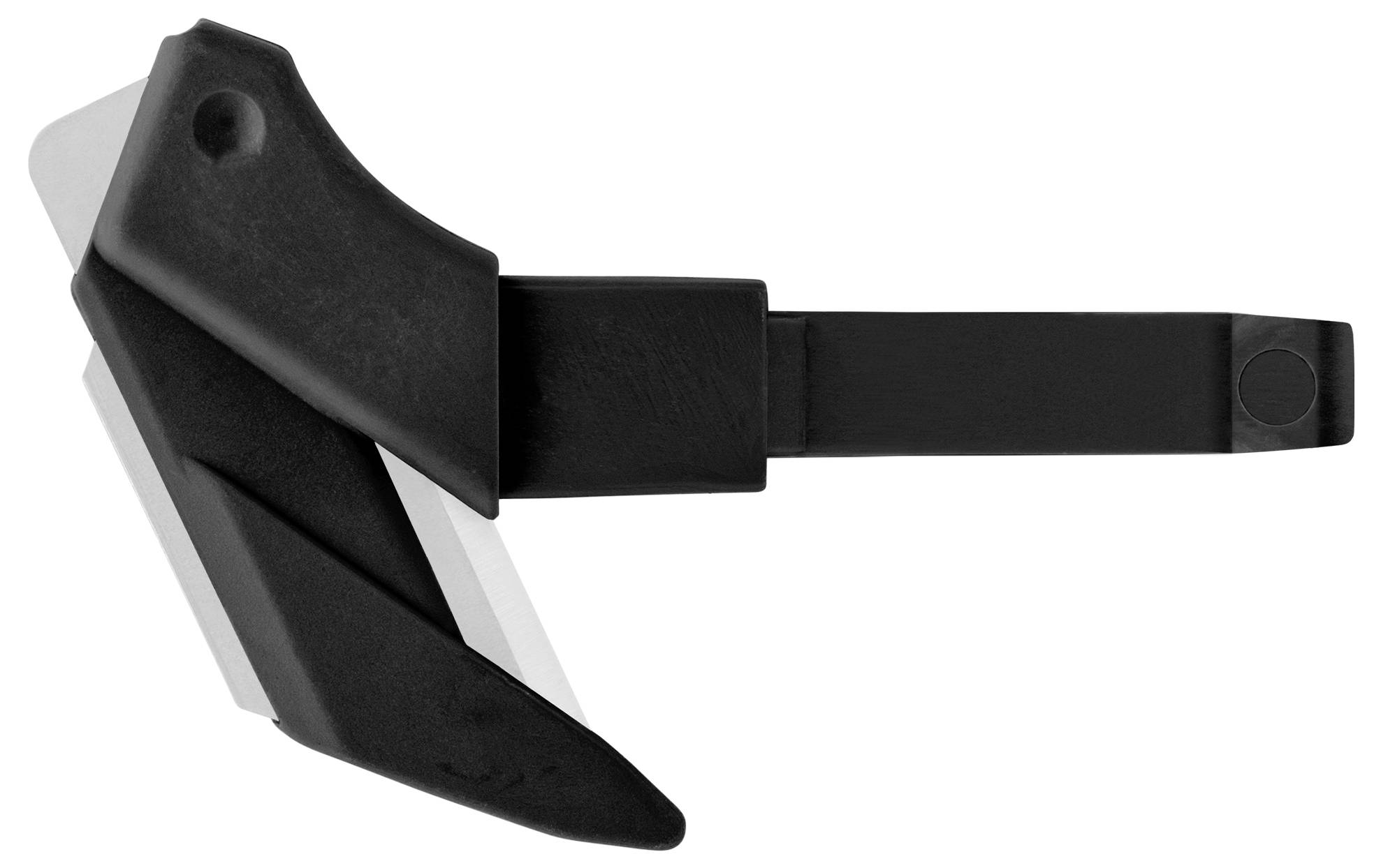 A black, modern door handle mounted at an angled side view against a white background.