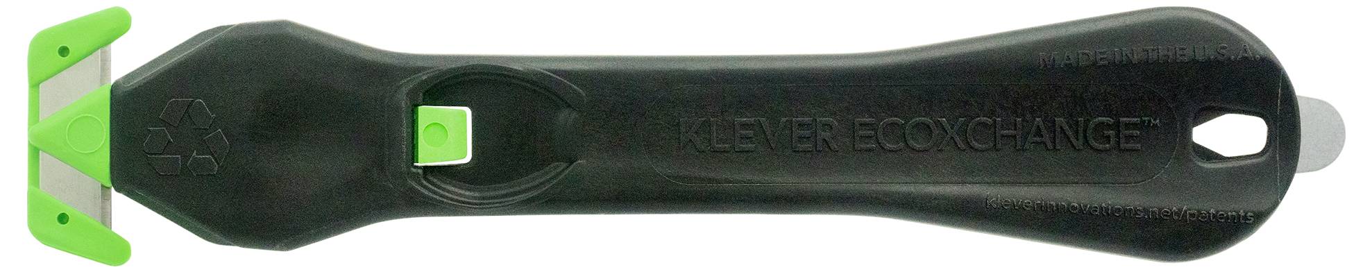 A black glass scraper with a green safety mechanism and replaceable blade, suitable for surface cleaning.