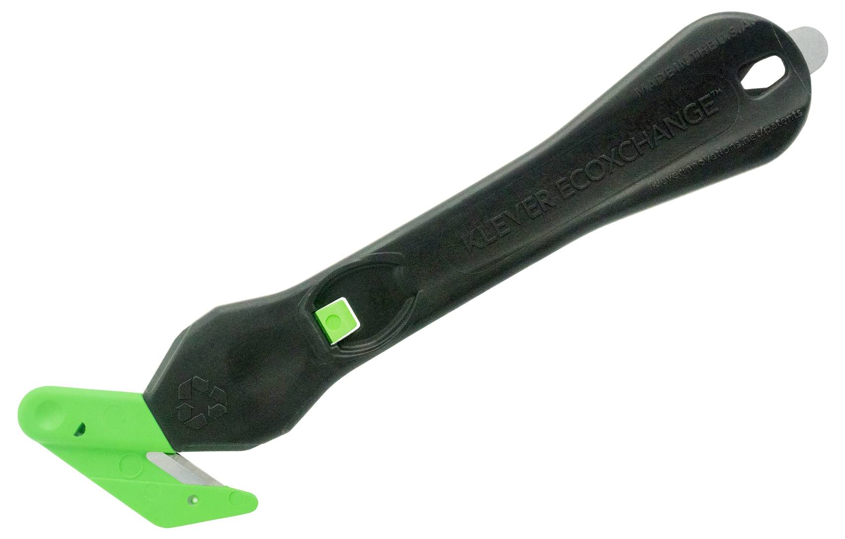 A black safety knife with a green blade guard and ergonomic handle, suitable for safely cutting packaging.