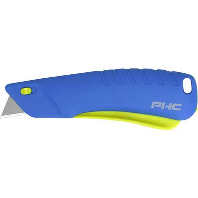Blue utility knife with retractable blade and yellow button. Ideal for safely cutting cardboard and paper.