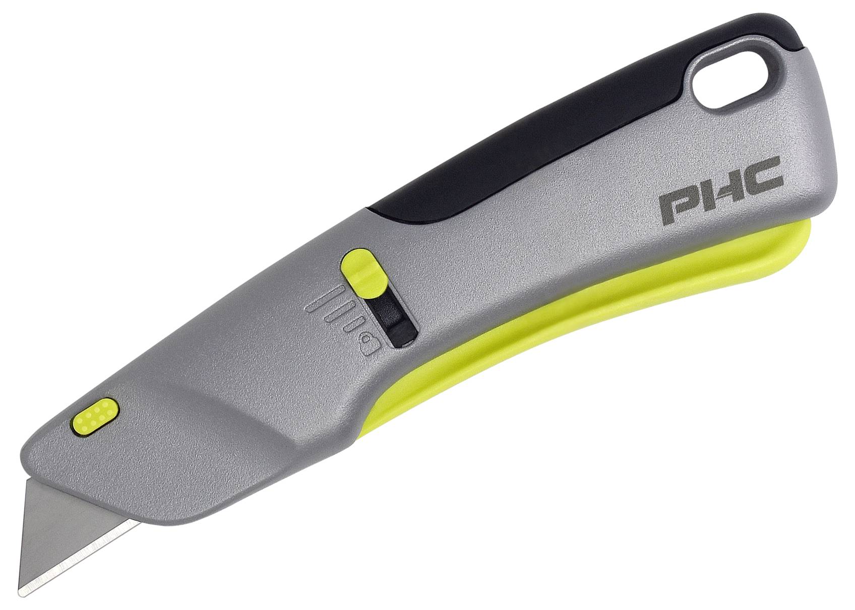 Grey-yellow safety knife with retractable blade, ergonomic handle, and locking mechanism.