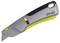 Grey-yellow safety knife with retractable blade, ergonomic handle, and locking mechanism.