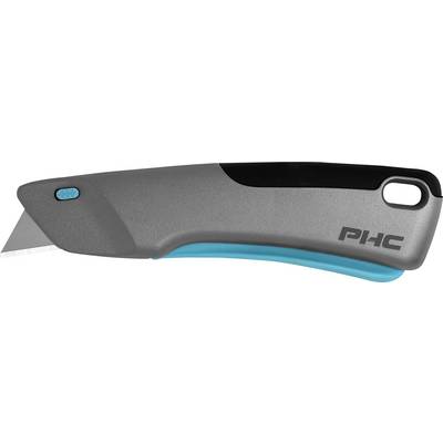 A grey safety knife with black and turquoise accents. It has a blade and a button to retract the blade.