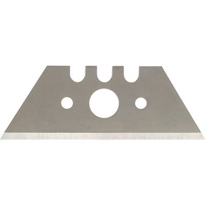 A rectangular metal blade with a sharp edge at the bottom and circular cut-outs at the top, typically used in utility knives.