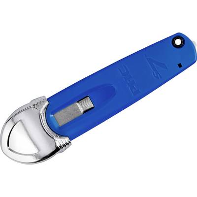 A blue safety knife with a silver blade and sliding mechanism on one side, used for safely cutting materials.