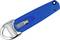 A blue safety knife with a silver blade and sliding mechanism on one side, used for safely cutting materials.