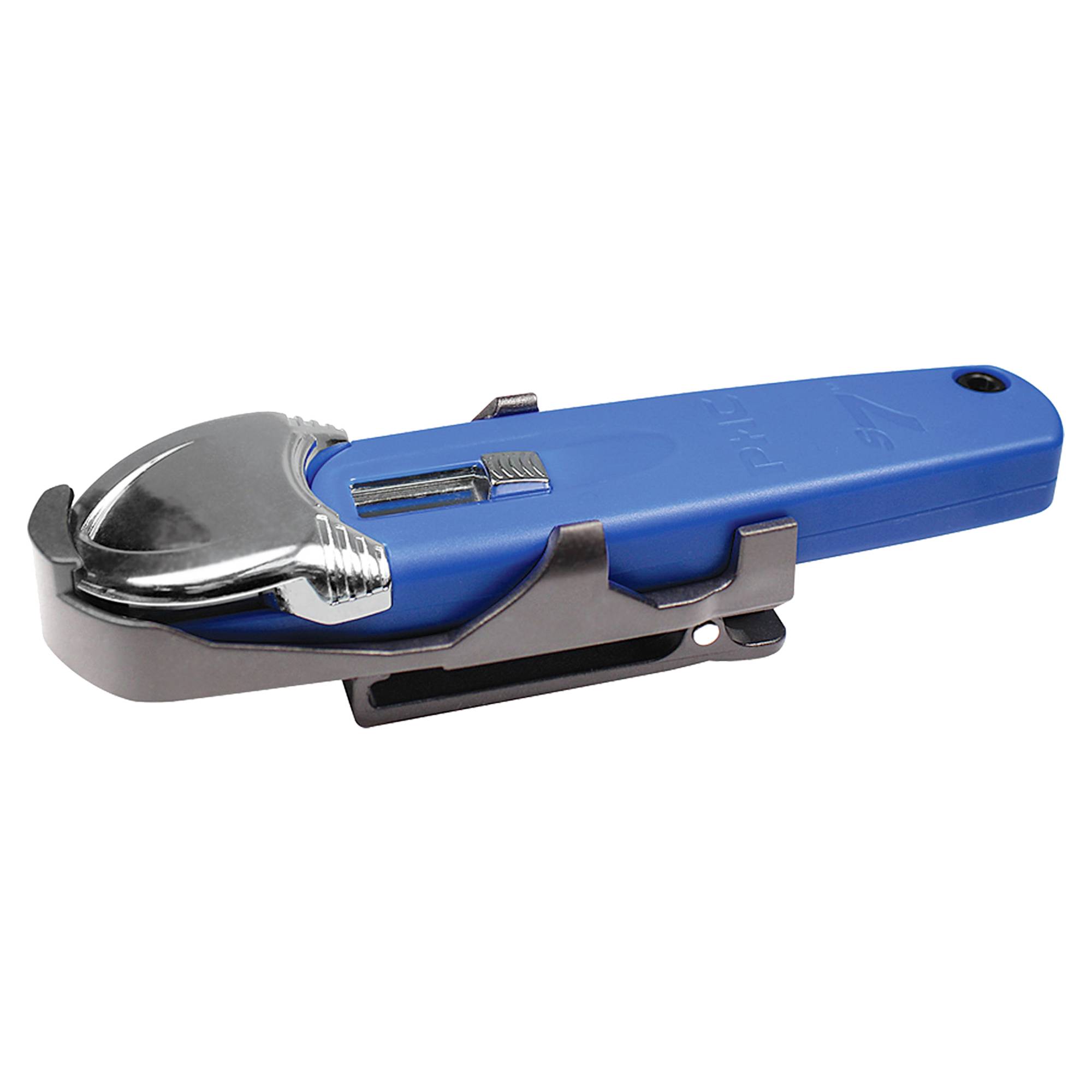 A blue safety belt cutter with a metal cutter and clips, suitable for rescue operations or emergency tools.