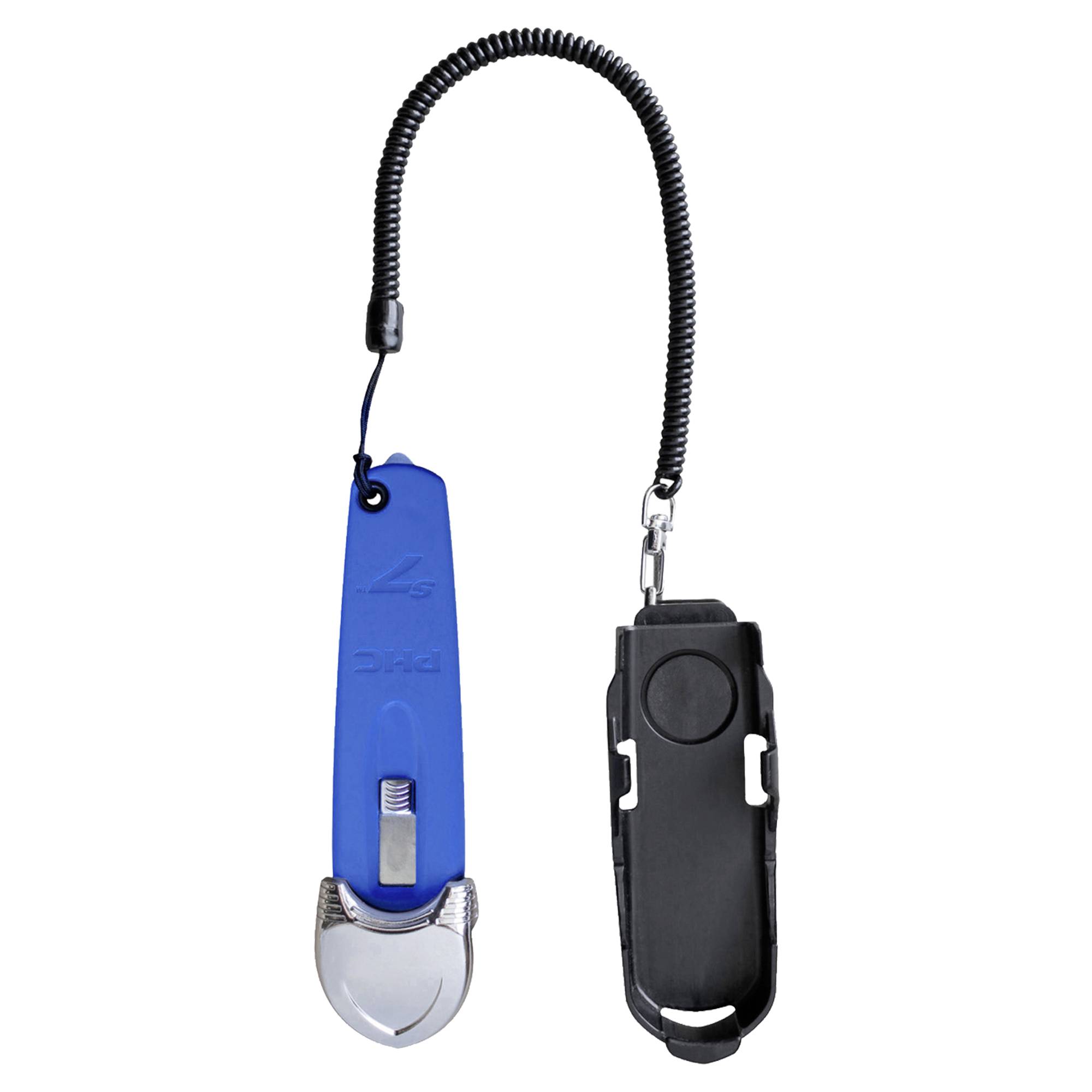 Hand scissors with blue cover and safety cord, connected to black mounting bracket.