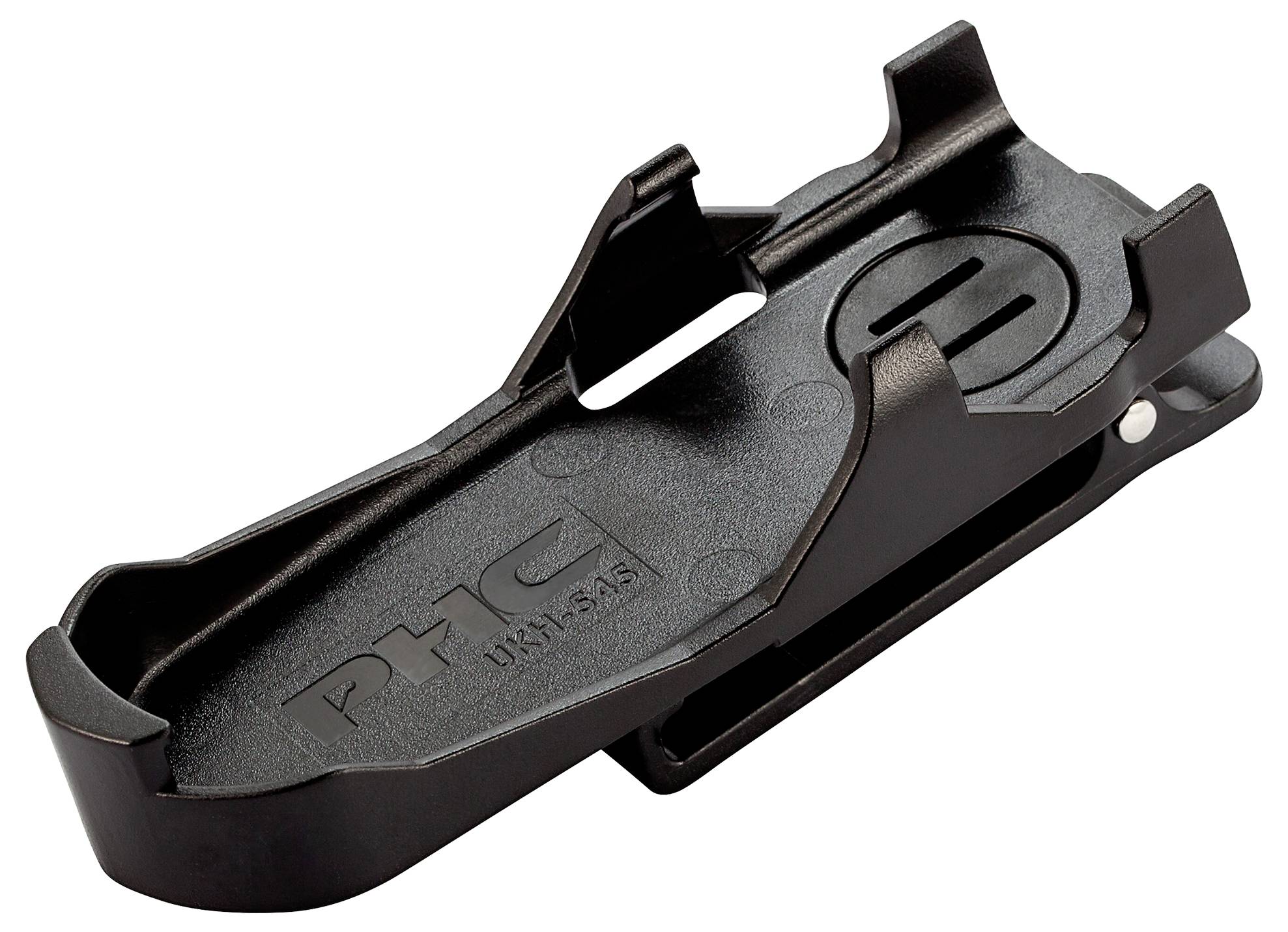 A black, robust safety knife holder, manufactured from plastic, for secure storage and protection of safety knives.
