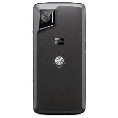 A black smartphone viewed from the back. A camera is visible in the top left corner and a circular sensor in the centre.