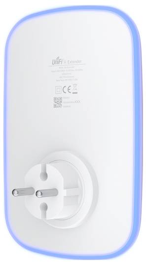 A white Wi-Fi extender with a plug socket, blue LED ring, and 'UniFi Extender' printed on it, suitable for improving Wi-Fi coverage.