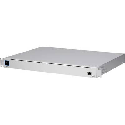 A white, flat network switch with an Ethernet port and an illuminated logo on the left side. Suitable for rack mounting.