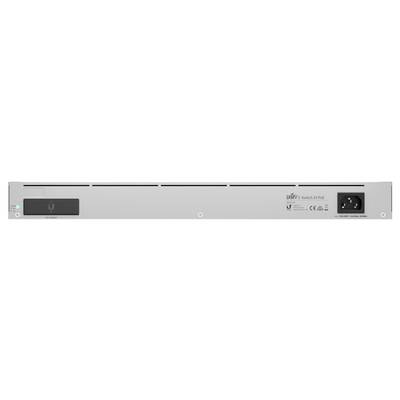 Back of a UniFi switch with network connection and ports, brand logo, and technical specifications.