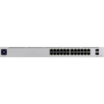 A network switch with 18 Ethernet ports and two additional ports on the right-hand side. Status indicator lights on top show connection status.