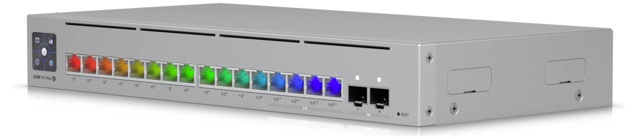 A silver network switch with 12 colour-coded Ethernet ports and two additional ports on the right.