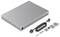 Grey network switch with cable, mounting brackets and screws for installation.