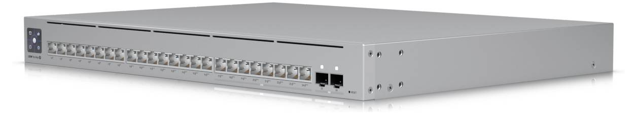 Flat, grey network switch with multiple Ethernet ports on the front. Suitable for use in IT networks.