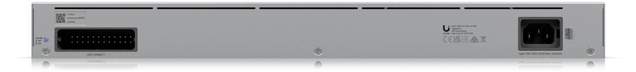 Back of an electronic device with numerous ports and a power connection. Manufacturer information printed.