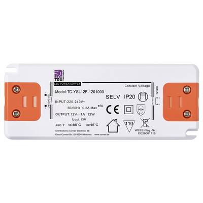Inscription on an LED power supply: Model TC-YSL12F-1201000, Input 220-240V, Output 12V–1A, IP20. Symbols: CE, RoHS, WEEE.