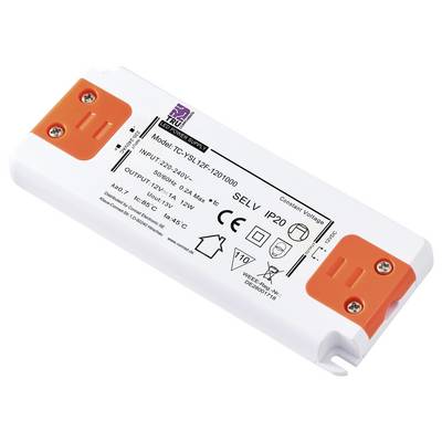 Electronic LED power supply with white casing, orange ends. Printing shows technical details such as input 220-240V, output 12V, 12W.