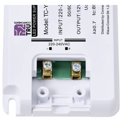 'LED Power Supply' Model TC-Y. Inputs: 220-240V, 50/60Hz. Outputs: 12V. Open connection field for cable installation visible.