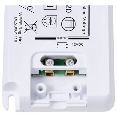White electronic component with connection terminals, labelled 'OUTPUT 12VDC', surrounded by technical symbols and serial number.