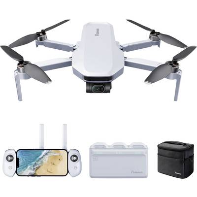 A drone with a camera, two remote controls, charger and carry case. The drone shows a beach on the smartphone display.