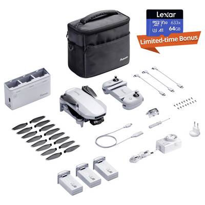 Drone set including drone, remote control, spare propellers, charger, batteries, cables and carry case. Additional 64GB memory card.