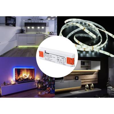 LED light strips illuminate various living space scenes. A rectangular LED power supply is visible in the centre.