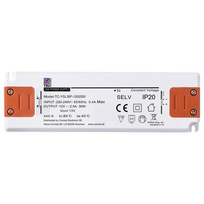 Power supply with model 'TC-YSL30F-1202500', input 220-240V~, output 12V⎓. Constant voltage, protection class IP20, power 30W.