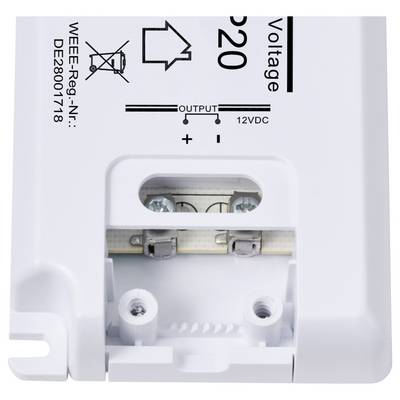 White electronic device with connection terminals. Markings for voltage and polarity: '12VDC', '+' and '-'. Model specifications visible.