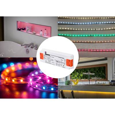 LED Light Strip Applications: Bathroom, Outdoor Areas, and Decoration, along with an LED Power Supply in the Centre.