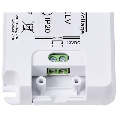 Electrical component with connection terminals. Labelled with 'IP20', '13VDC'. Contains identifiers and symbols. Suitable for indoor use.