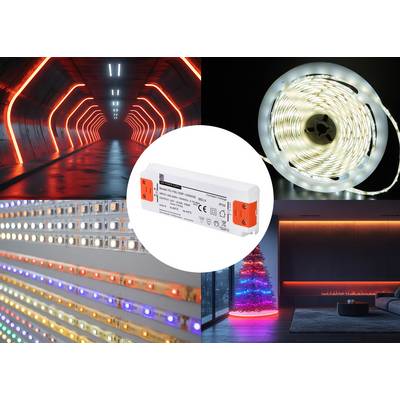 Collage shows LED lights: red tunnel, white light roll, colourful LED strips, illuminated Christmas tree. In the centre, an LED driver.