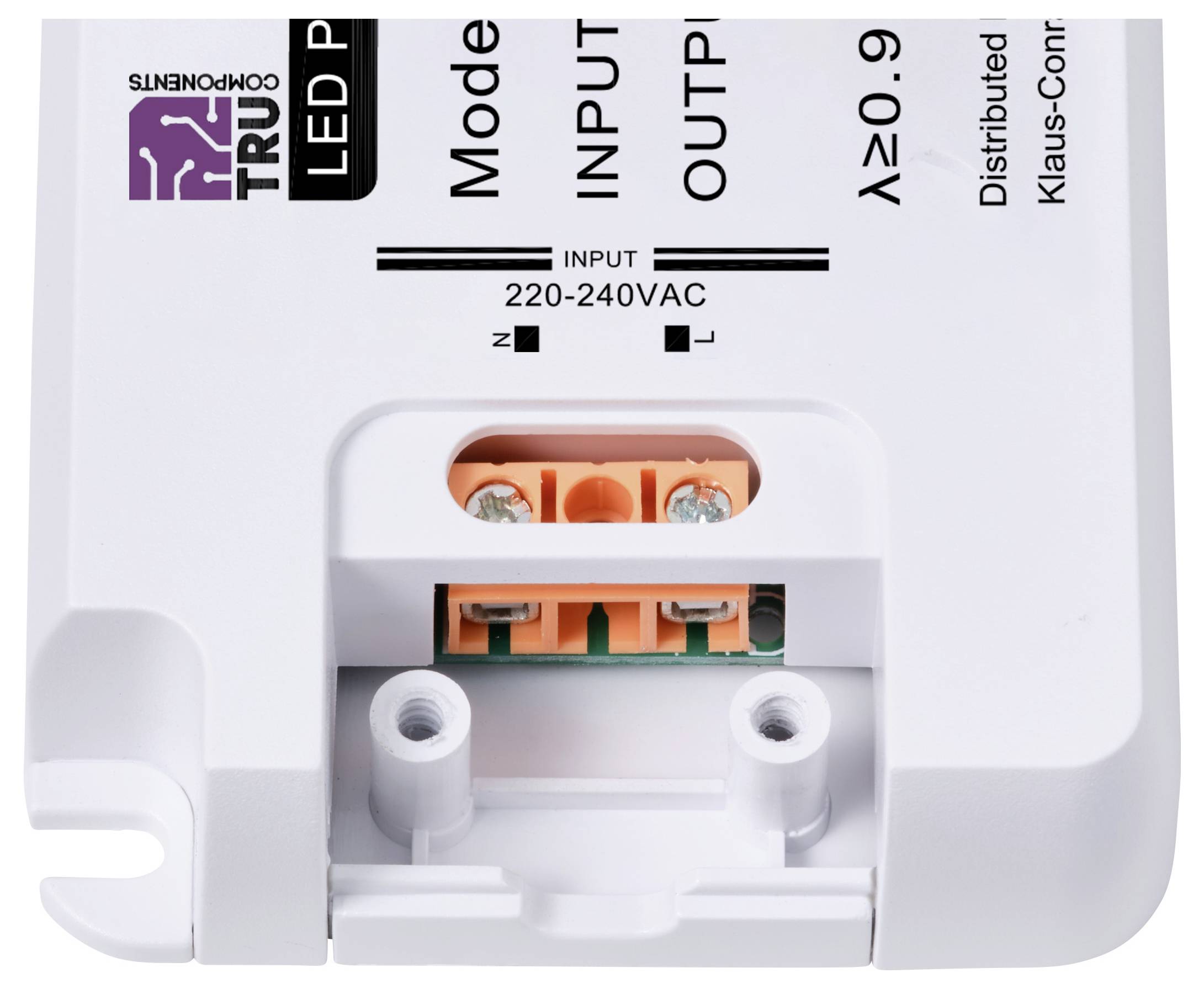 White LED ballast with screw terminal connection, marked with 'INPUT: 220-240VAC', model details and manufacturer logo.